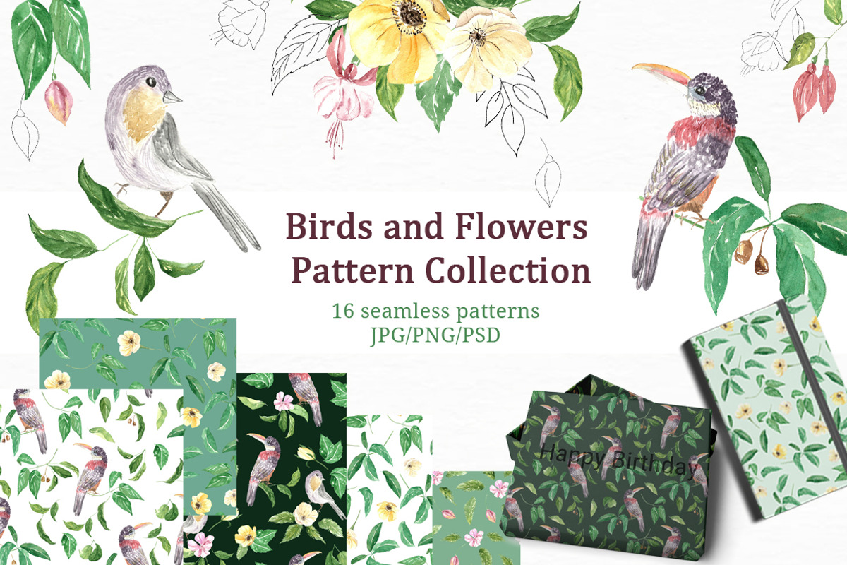 Pattern Collection Birds and Flowers, a Pattern Graphic by OlgaSerbun (Photo 1 of 6)
