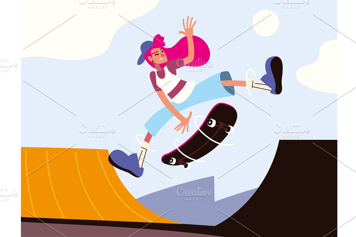 girl riding a skateboard, a Person Illustration by studiogstock