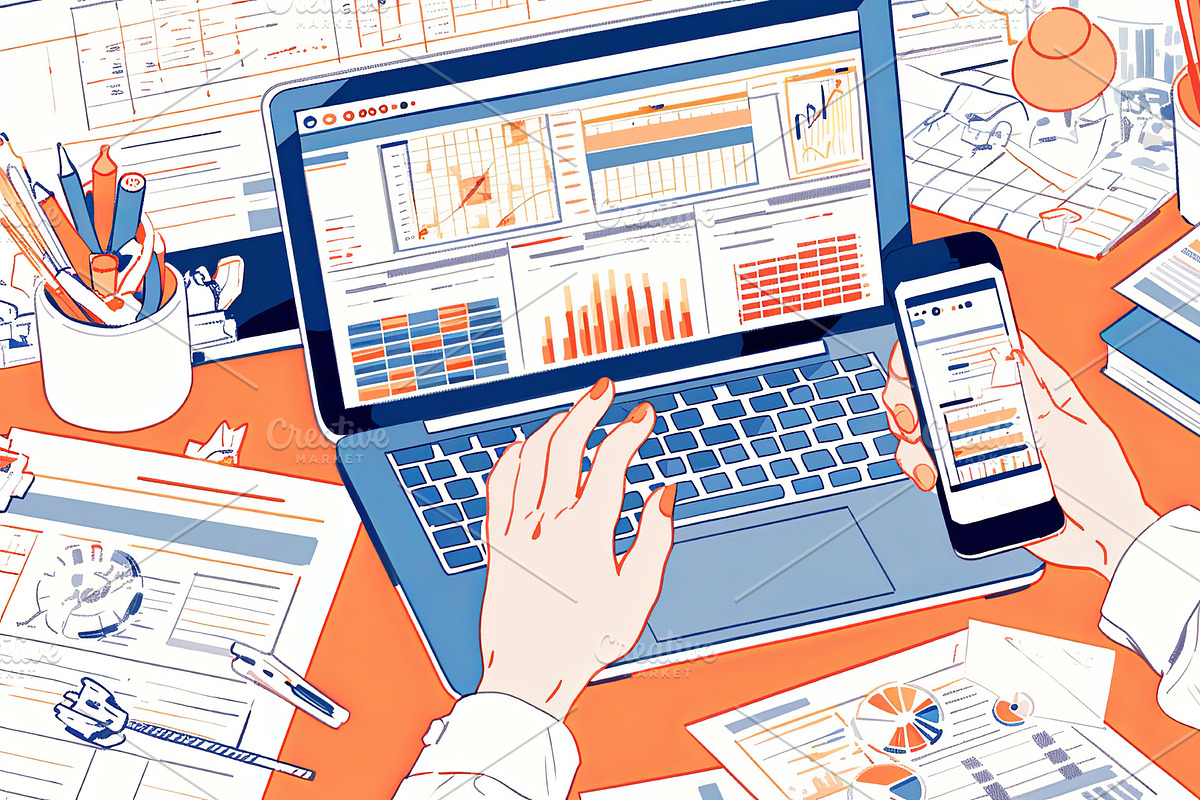 Professional analyzing data on computer and smartphone in a modern workplace, an Illustration by AS photostudio