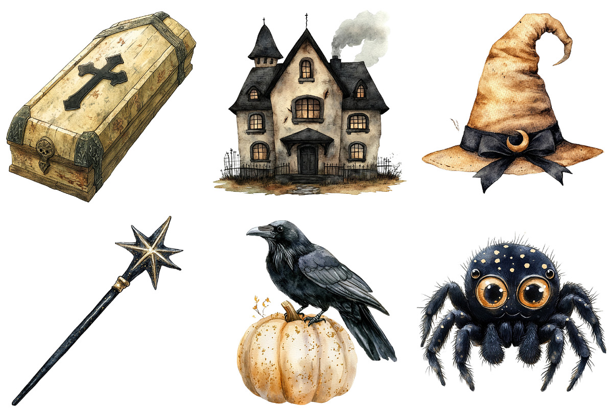 Beige & Black Halloween Clipart, an Illustration by Watercolor design (Photo 2 of 4)