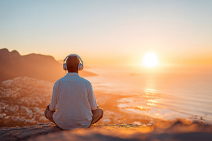 Traveler performs sunrise reset ritual on a mountain overlooking the ocean, a Photo by AlyaAnd