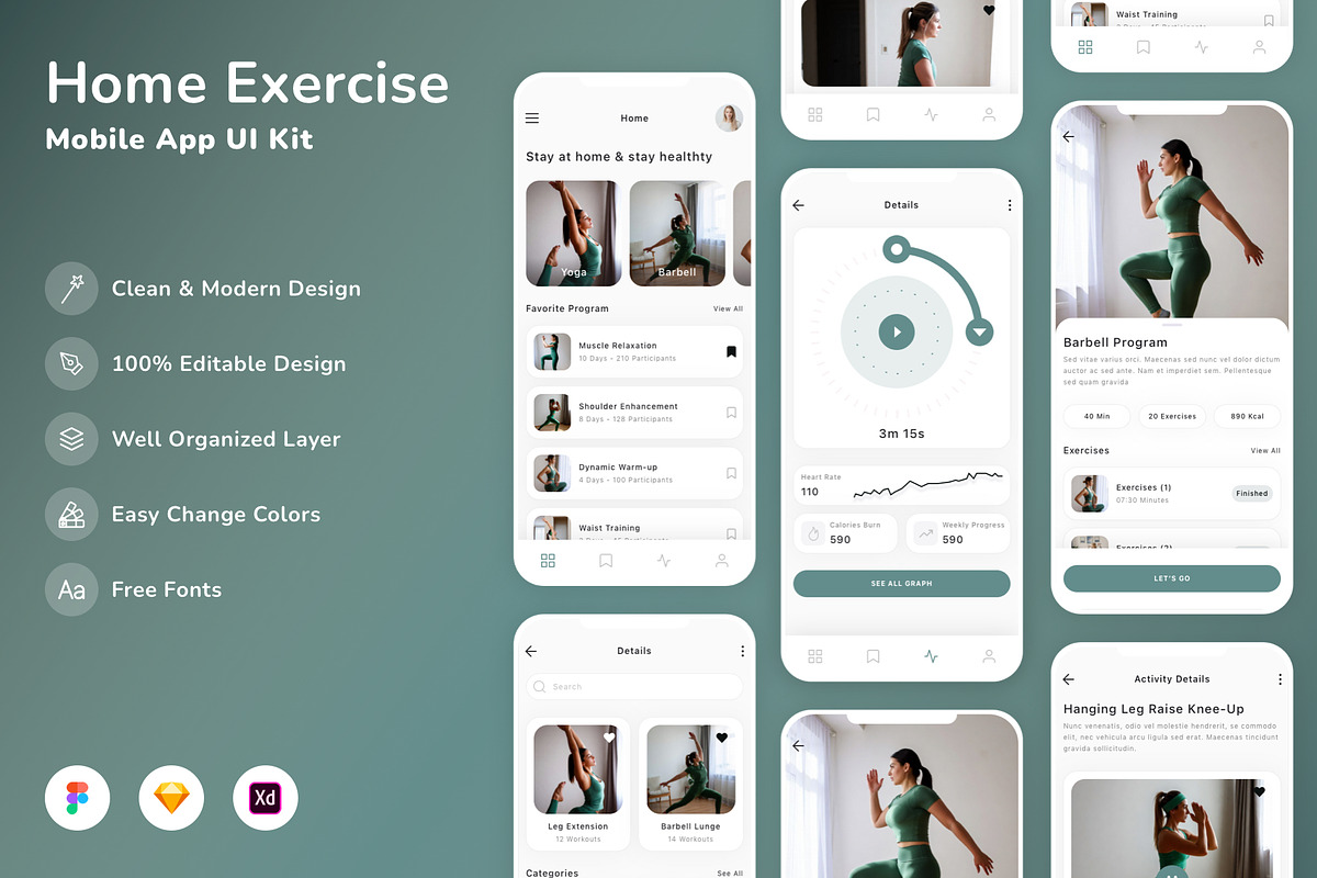 Home Exercise Mobile App UI Kit, an UI Kit Template by Betush (Photo 2 of 2)