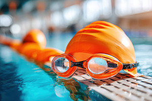 Orange swimming goggles and cap by the pool, a Sports & Recreation Photo by AlyaAnd