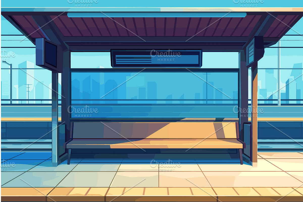 Cartoon empty bus stop in the city, an Object Illustration by LadadikArt
