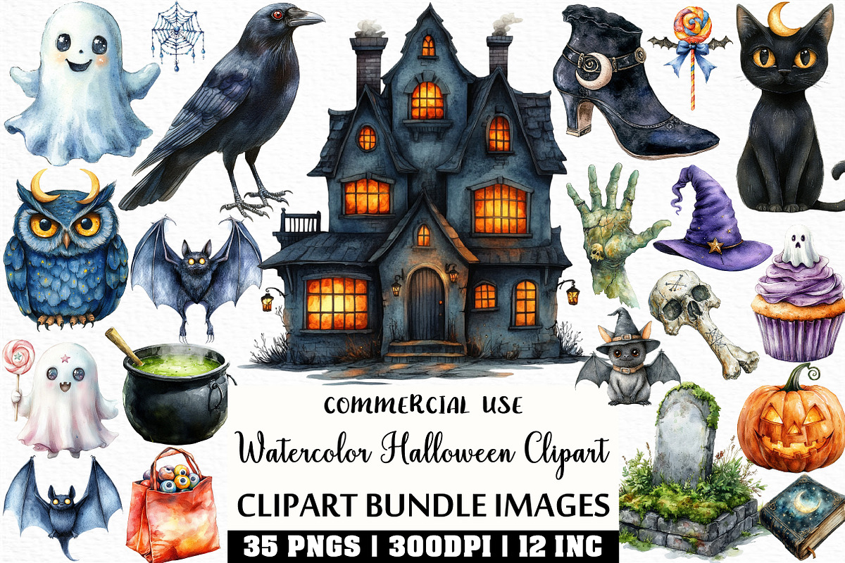 Watercolor Halloween Clipart Bundle, an Illustration by Craft Nest (Photo 1 of 6)
