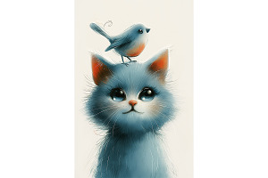 Big Eyed Kitten and Bird Art, an Animal Illustration by Art Paradise Studios