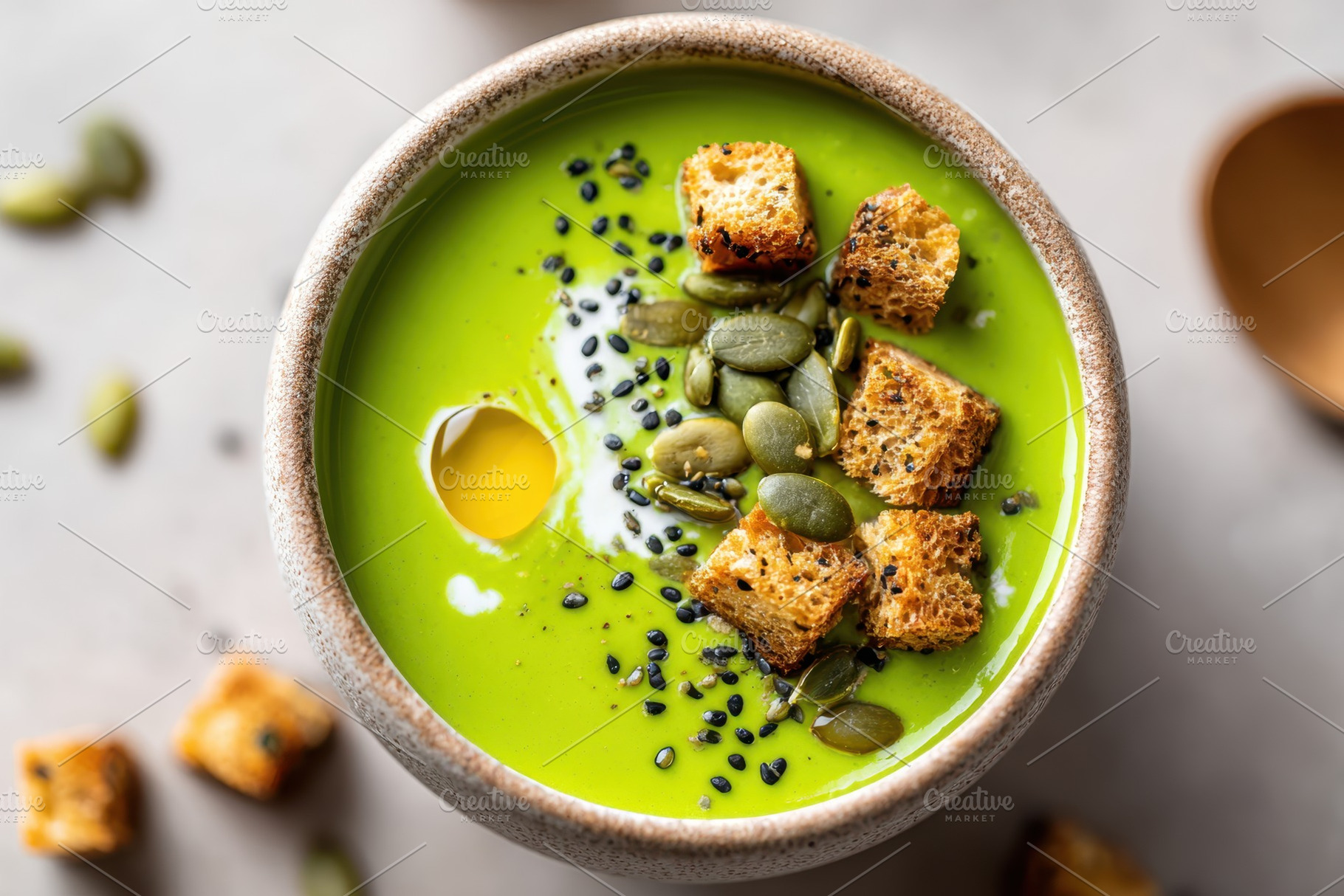 Green Creamy Soup with Croutons and Bread, a Food & Drink Photo by AlyaAnd