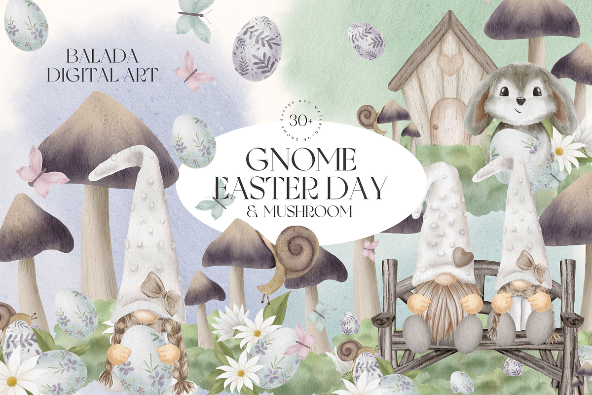 Gnome Easter & Mushroom Watercolor, an Illustration by Balada Digital Art (Photo 1 of 11)