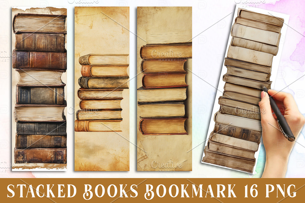 Stacked Books Printable Bookmarks, an Illustration by Watercolor design (Photo 1 of 3)