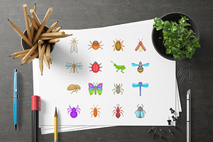 Insects Icons Set, Cartoon Style