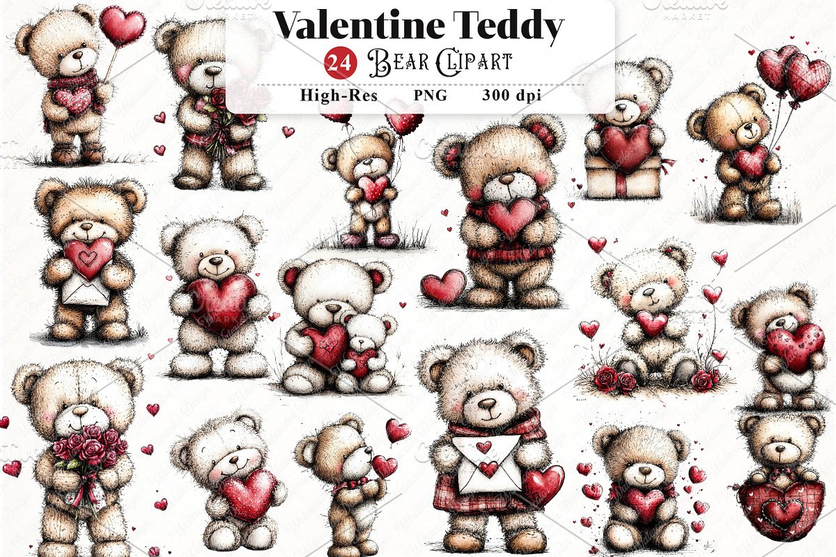 Valentine Teddy Bear Clipart, an Illustration by Watercolor design (Photo 1 of 4)