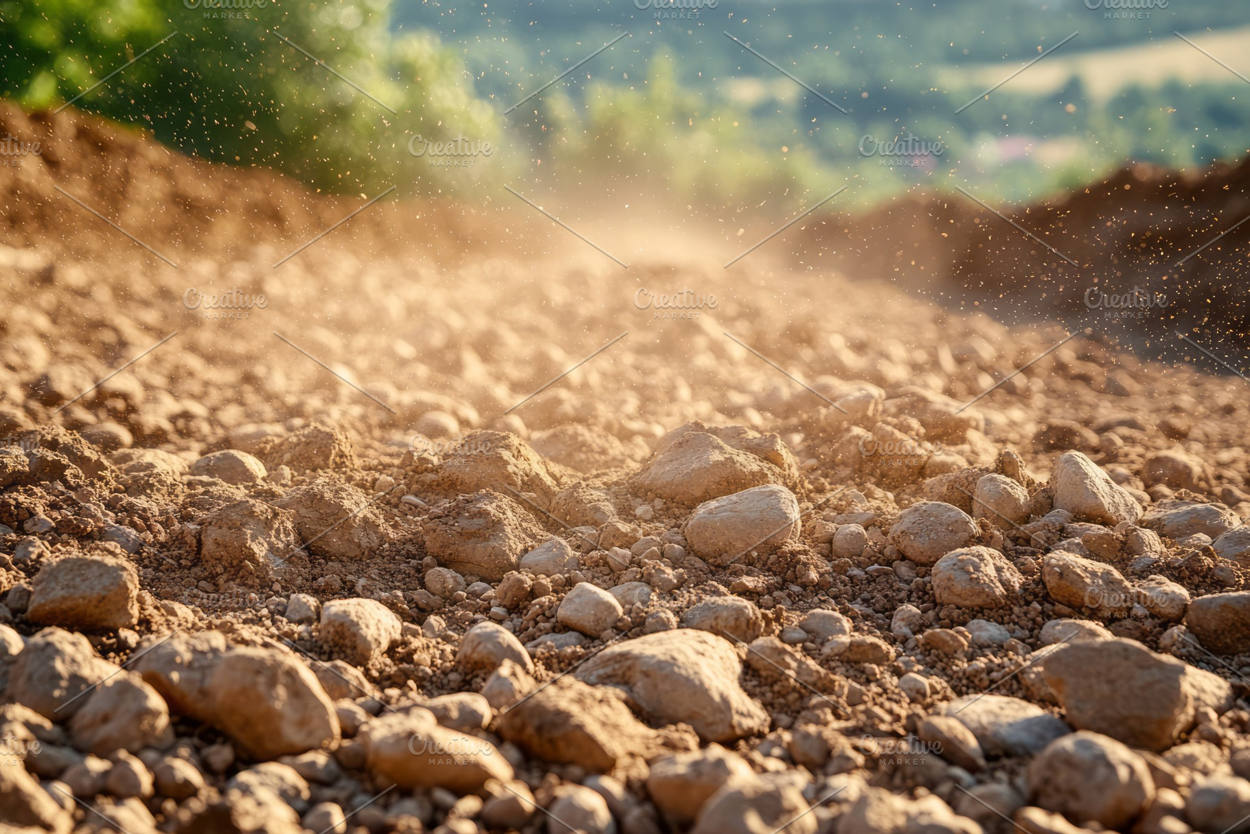 Close-up of rich, textured soil with scattered pebbles, illuminated by warm, go, a Background Photo by ImageMir