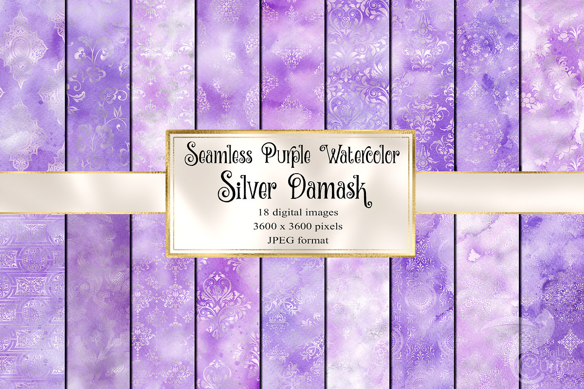 Purple and Silver Watercolor Damask, a Texture Graphic by Digital Curio (Photo 1 of 3)