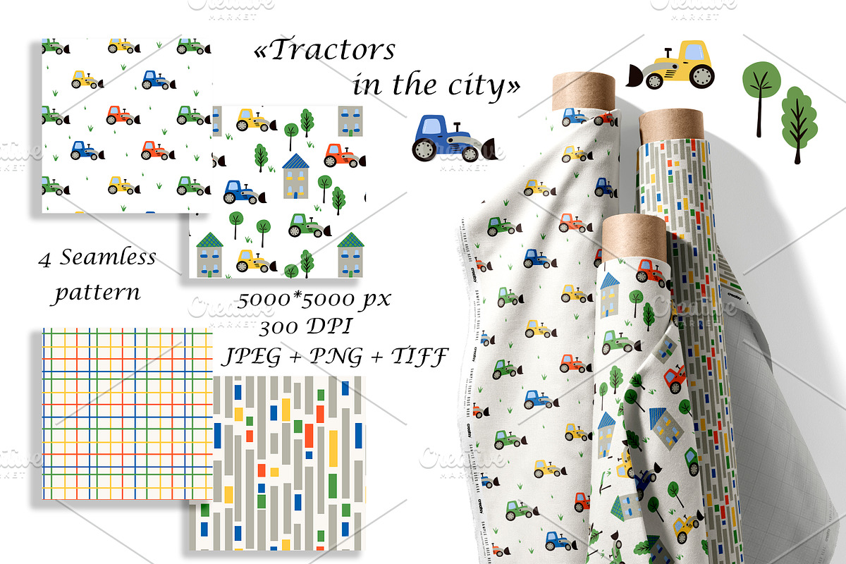 Kids Tractor Seamless Pattern Set, a Pattern Graphic by Oksana Dovhopol Art (Photo 1 of 11)