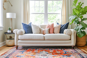 Cozy living room with a stylish sofa, a Photo by Pavel_design