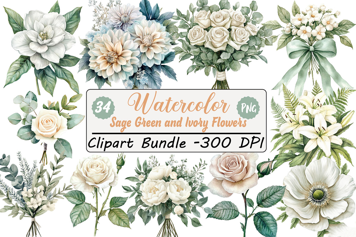 Sage Green and Ivory Flowers Clipart, an Illustration by DreamCafeArt (Photo 1 of 8)