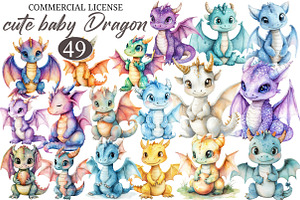 Watercolor cute baby Dragon Clipart, an Illustration by designcity5