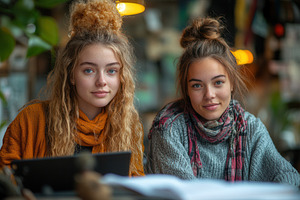Two young women enjoying a cozy work, a Photo by Tanuart