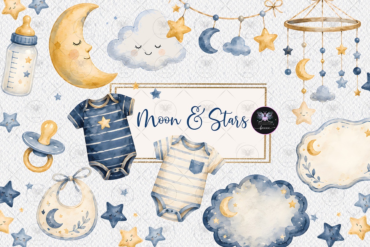 Moon & Stars Baby Clipart, a Decorative Illustration by BigCakeBee (Photo 1 of 4)
