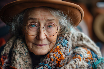 Smiling elderly woman with gray hair, wearing glasses and a colorful knitted sc, a Person Photo by ImageMir