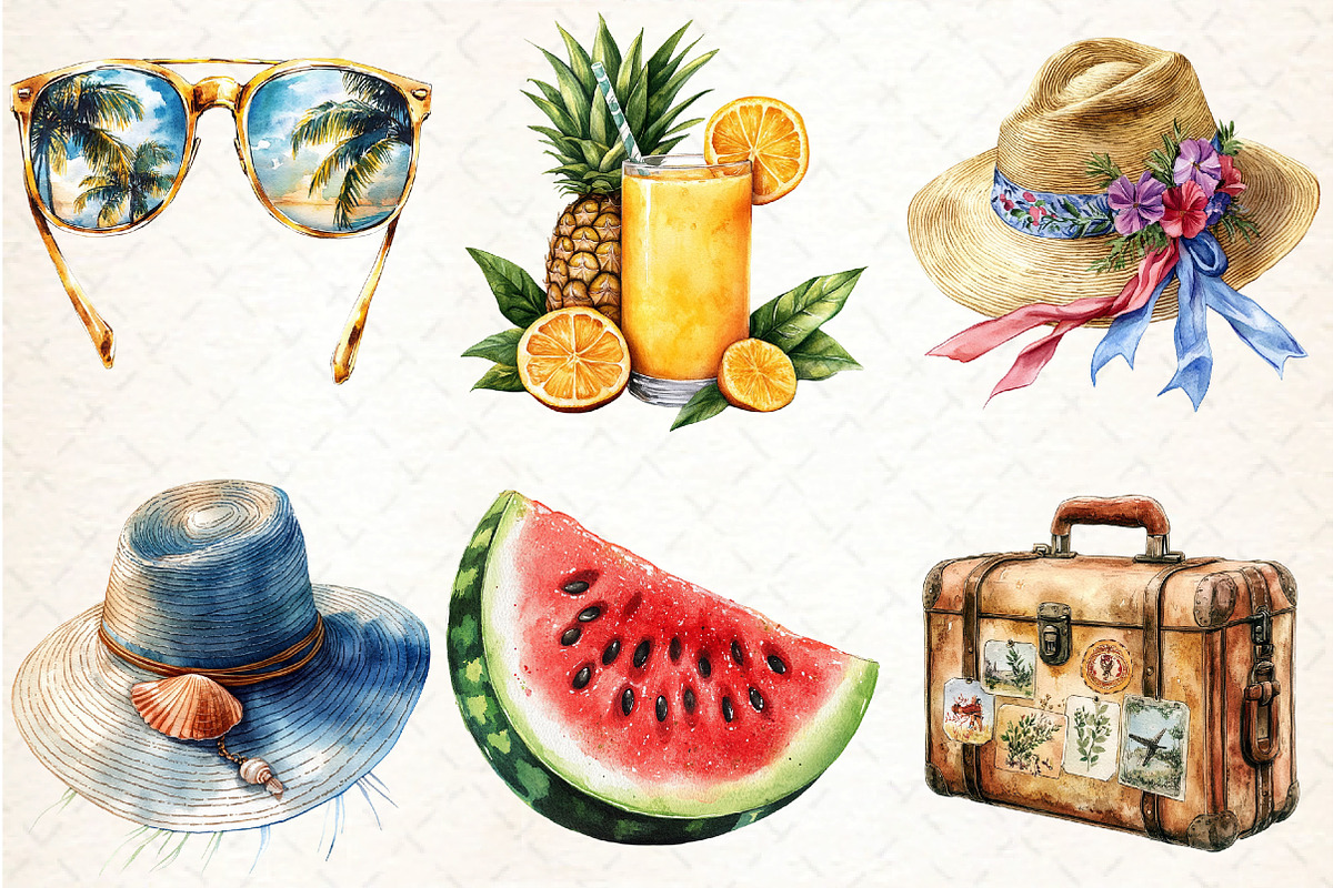 Watercolor Summer Vacation Clipart, an Illustration by DreamCafeArt (Photo 2 of 5)