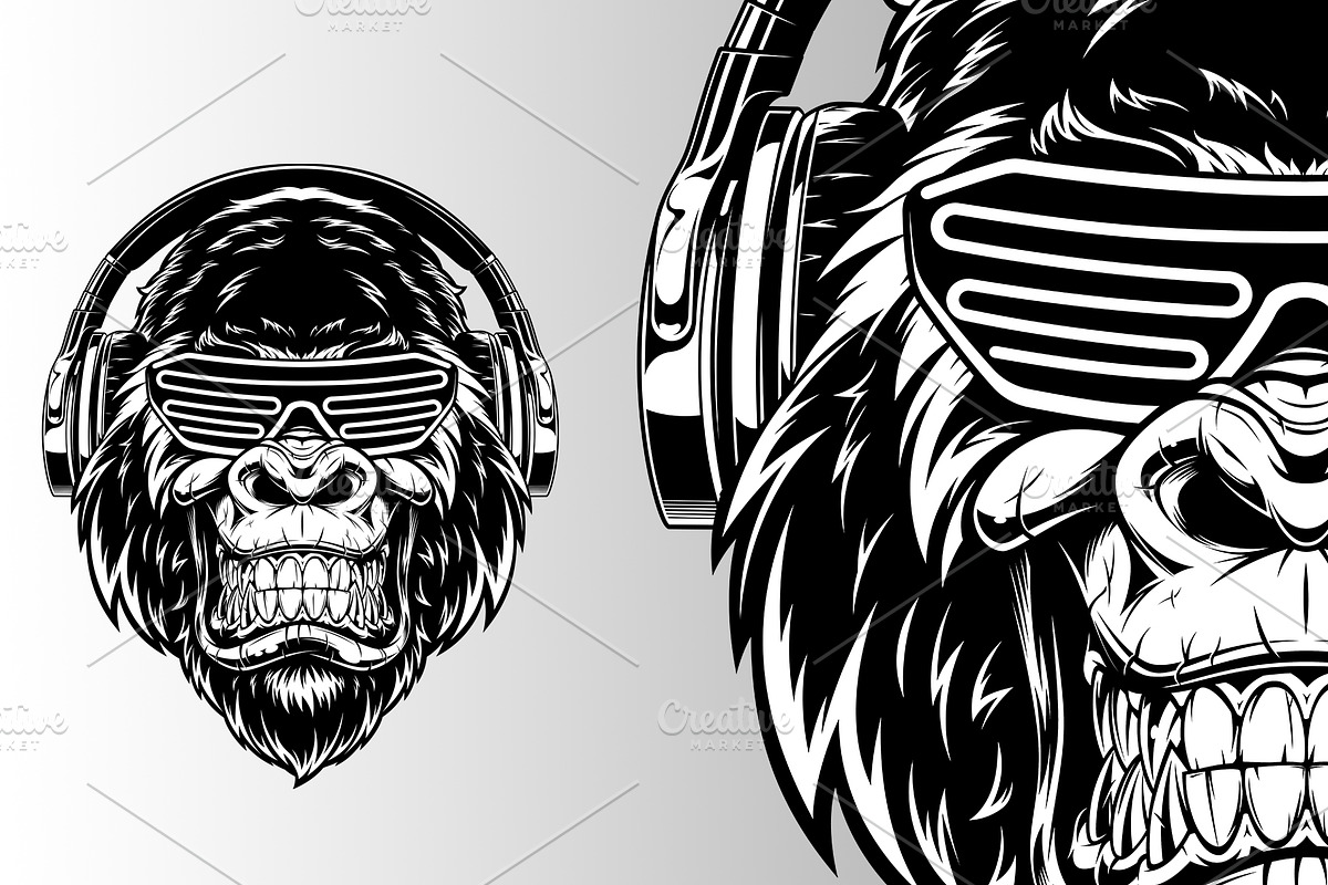 gorilla in headphones, an Animal Illustration by Mark2000