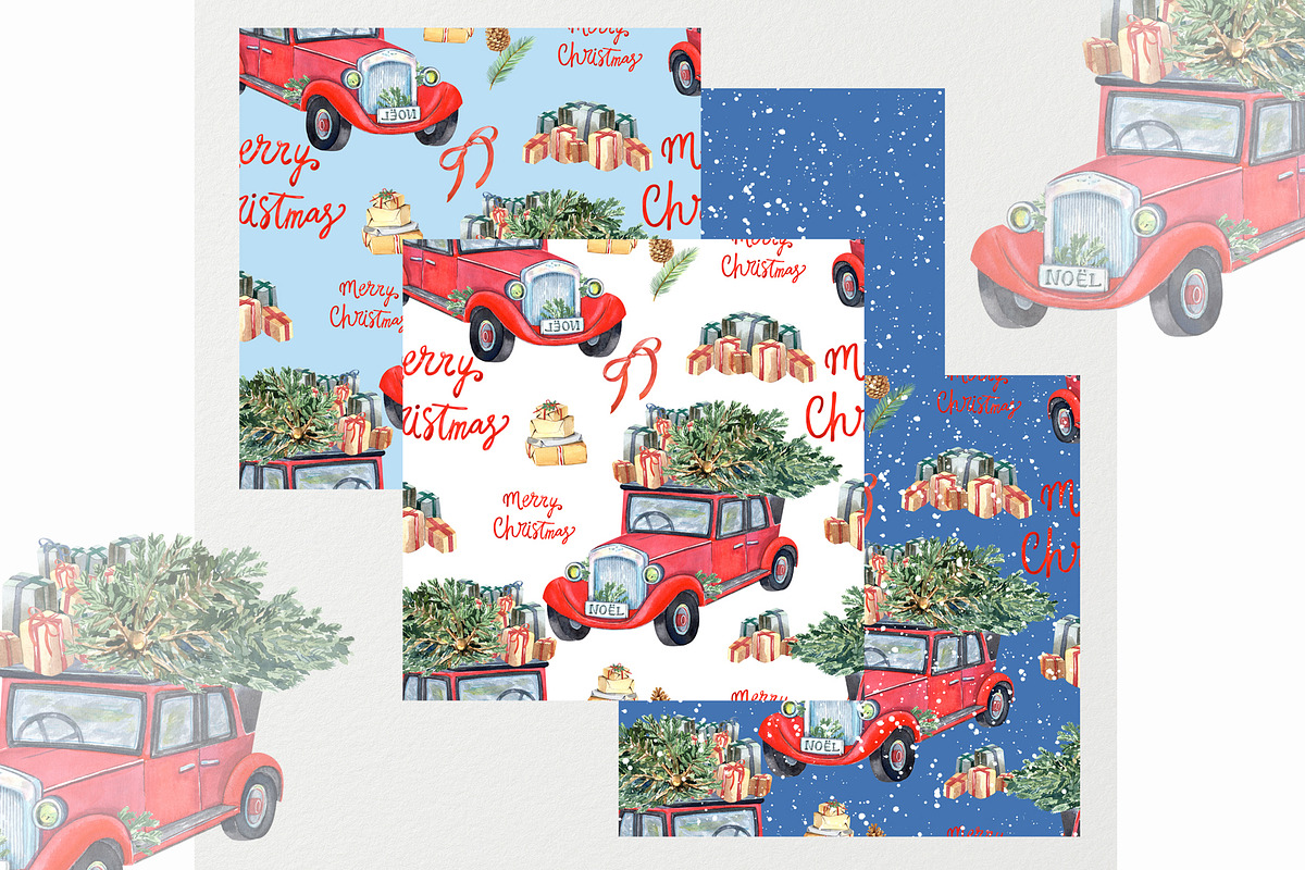 Watercolor Christmas patterns, a Transportation Illustration by JennyColorArt (Photo 5 of 5)