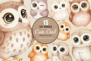 15 Bundle Watercolor Cute Owl Bird, an Animal Illustration by Morspective (Thumbnail 1 of 8)
