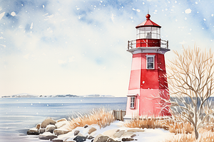 Watercolor Snowy Lighthouse