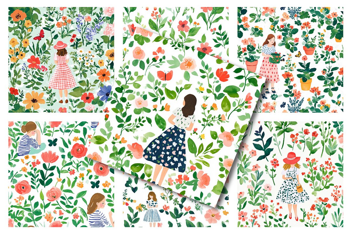 Garden spring girls seamless pattern, an Illustration by SinaCreation (Photo 5 of 6)