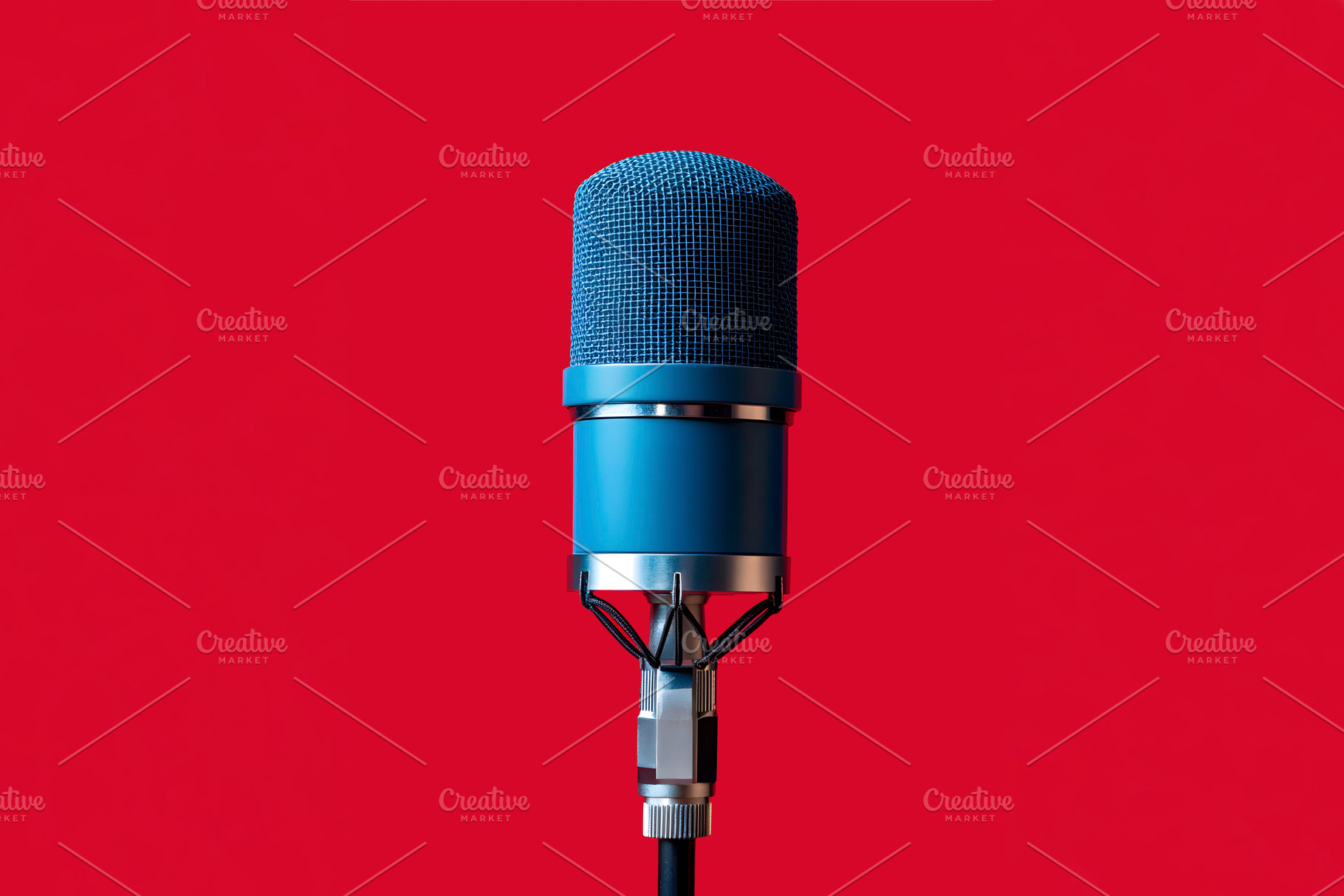 blue mic against a red background, generative AI, a Photo by Nito