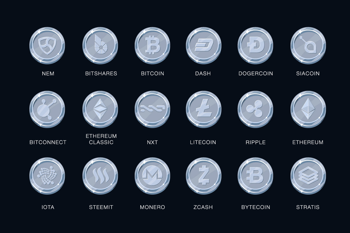 Set of cryptocurrency coins., an Outline Icon by A|B