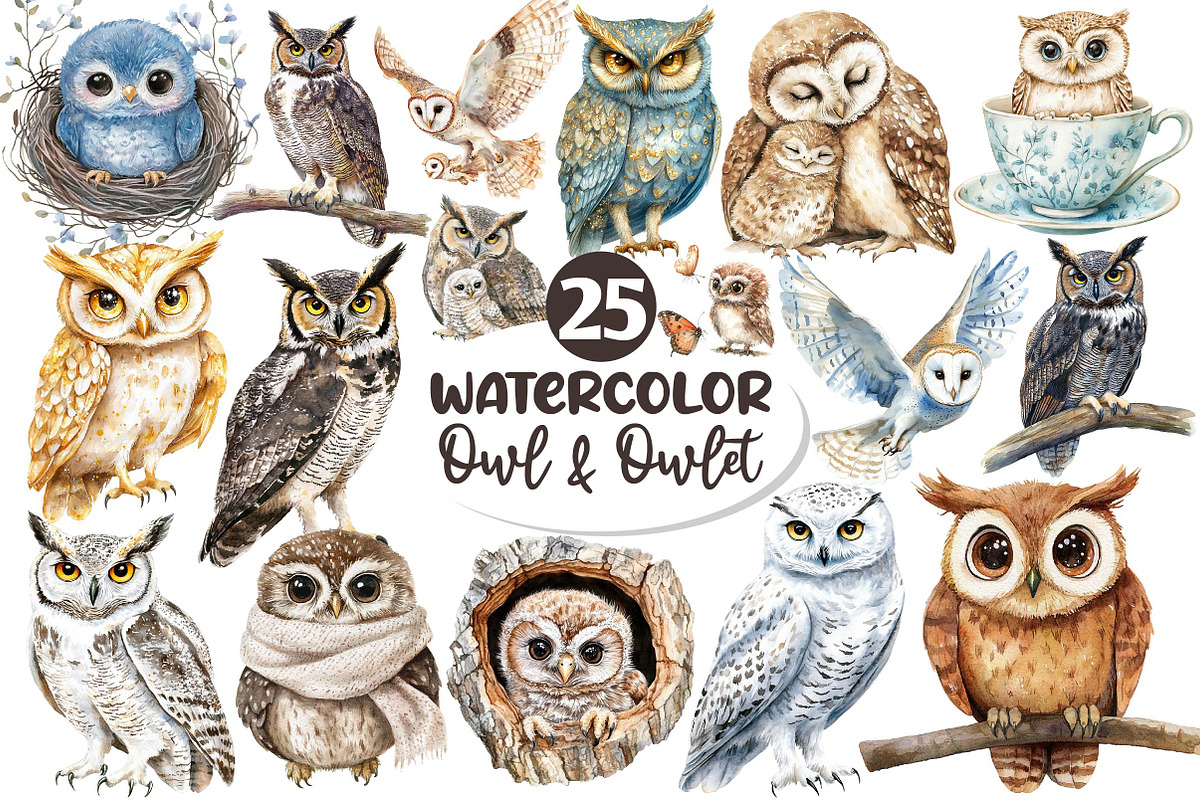 Watercolor Owl & Owlet Clipart, an Illustration by Dream Creation (Photo 1 of 5)