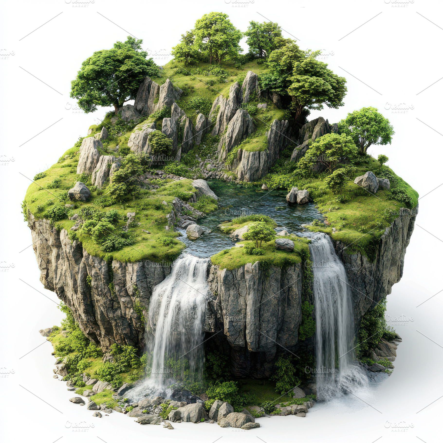 Floating island waterfall paradise l, an Abstract Photo by Pixeness Studio