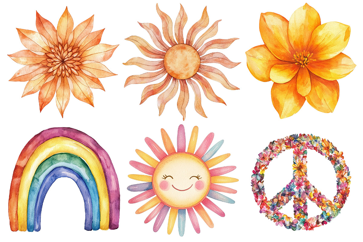 Watercolor 70'S Vibes Clipart, a Seasonal Illustration by CitraGraphics (Photo 4 of 6)
