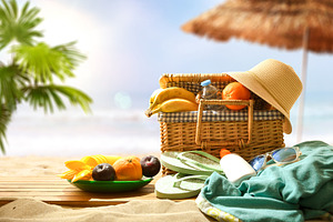 Summer Beach Picnic Basket with Tropical Accessories, a Holiday Photo by Davizro's Market