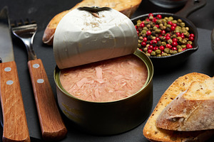 A can of tuna and toasted baguette slices on a black table, a Food & Drink Photo by ndanko