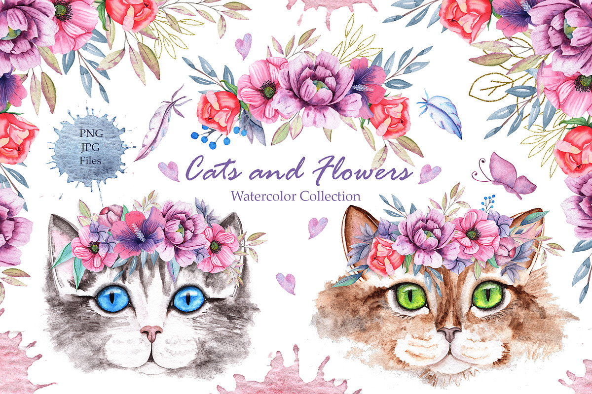 Watercolor Cats and Flowers, an Illustration by TanataDesign (Photo 1 of 13)