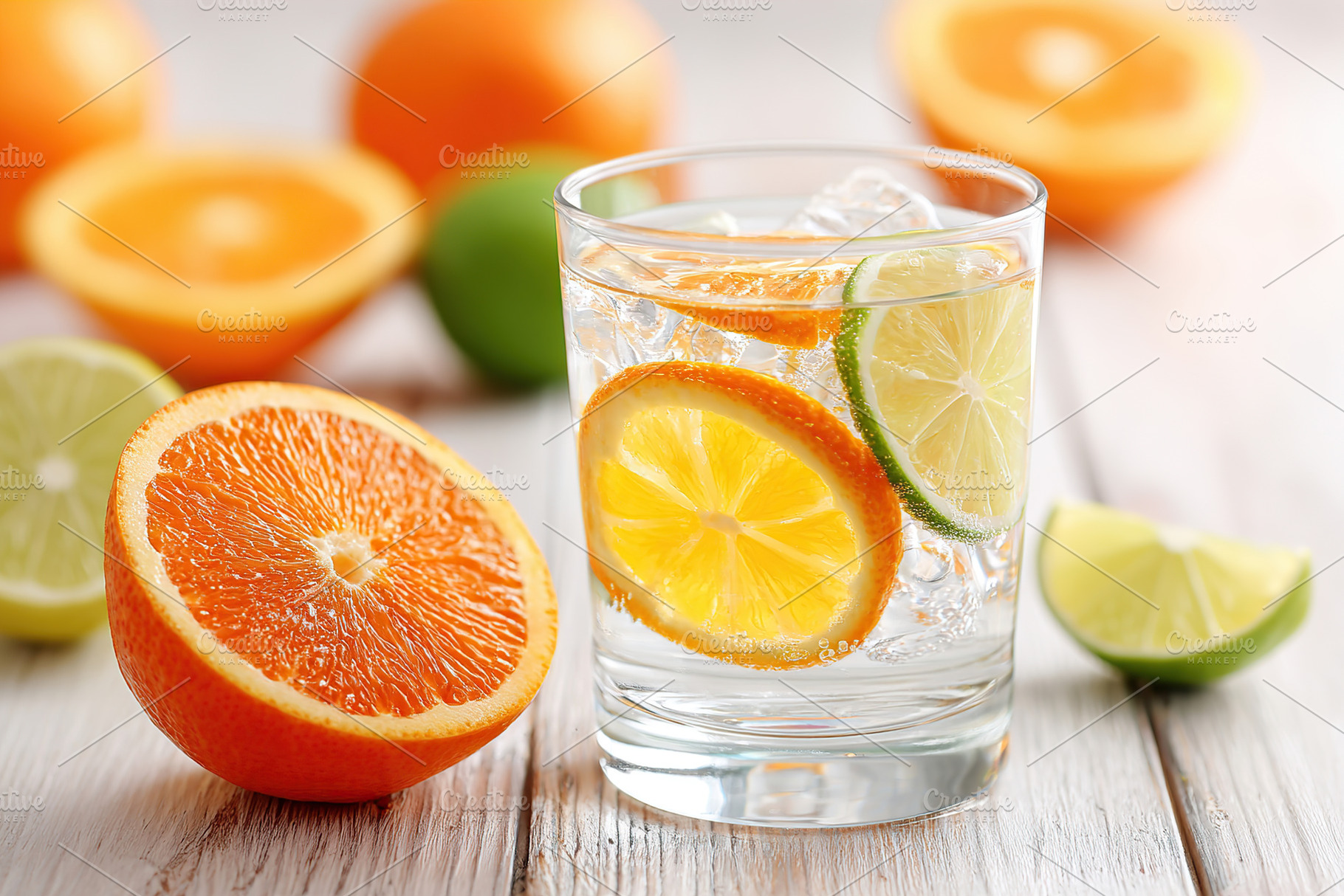 Refreshing cold citrus water served in a glass surrounded by fresh fruit on a m, a Food & Drink Photo by AlyaAnd