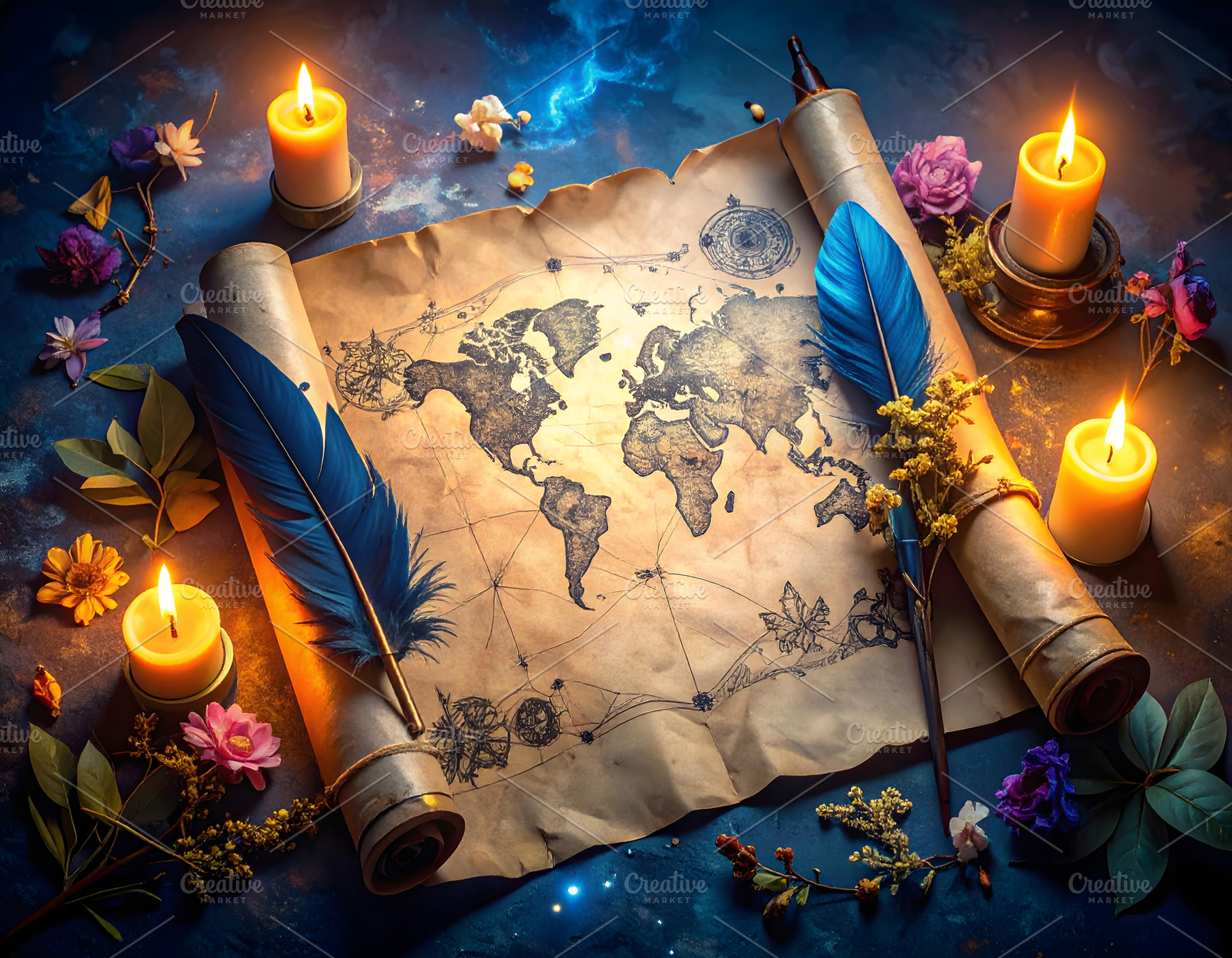 Ancient parchment map glowing with candles and blue feathers, a Holiday Photo by GoodGoods