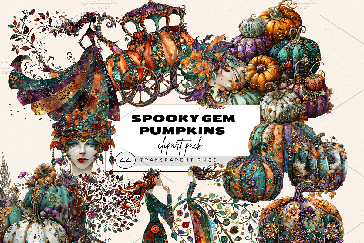SPOOKY GEM PUMPKINS CLIPART PACK, a Seasonal Illustration by Daring Digies (Photo 1 of 8)