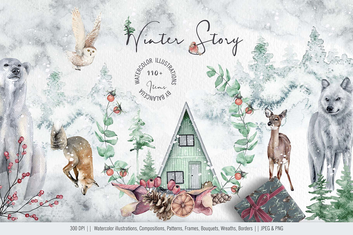 Winter Story Watercolor Clipart, an Animal Illustration by BalanceUA (Photo 1 of 13)