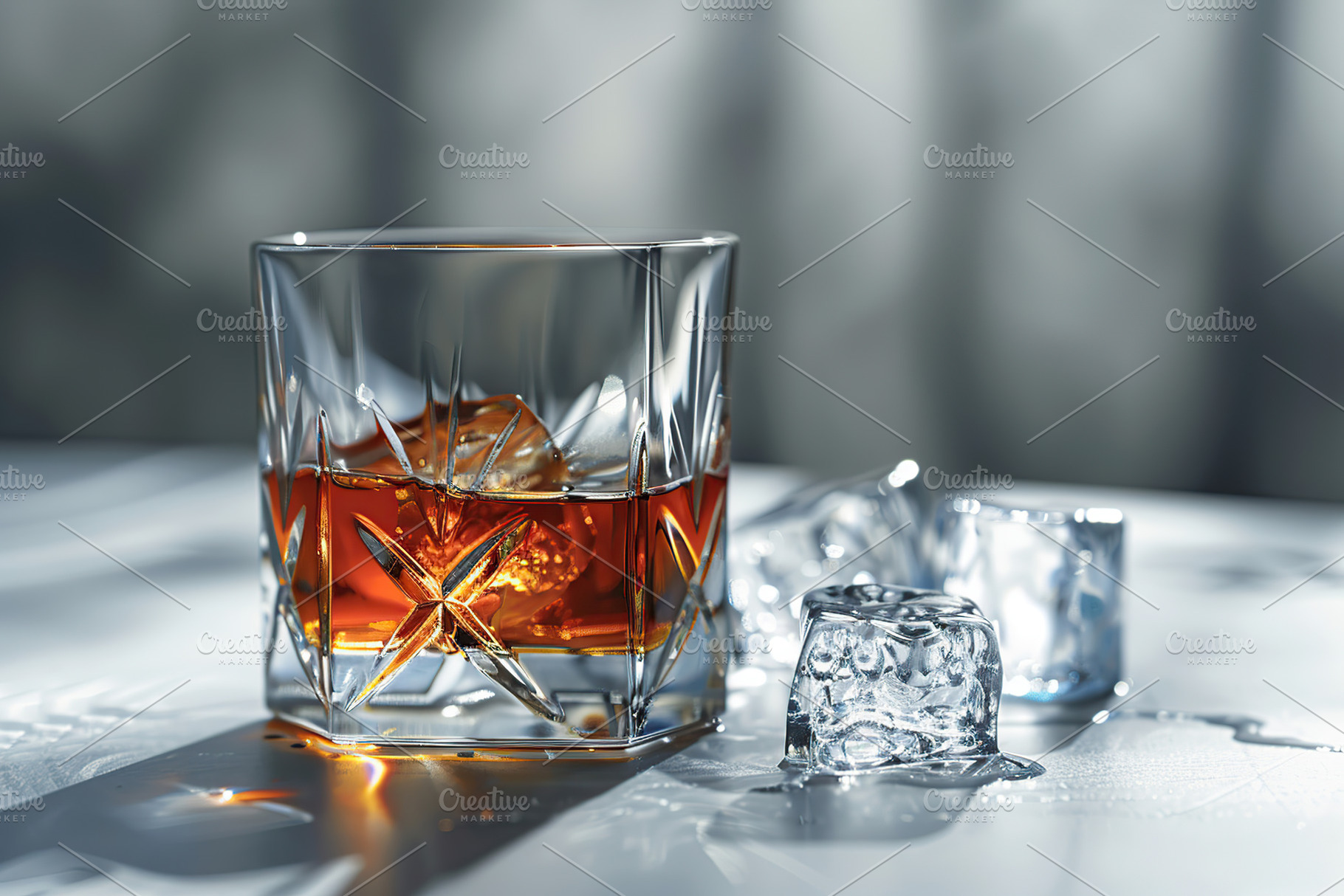 Glass of scotch whiskey and ice on grey background, a Food & Drink Photo by AlyaAnd