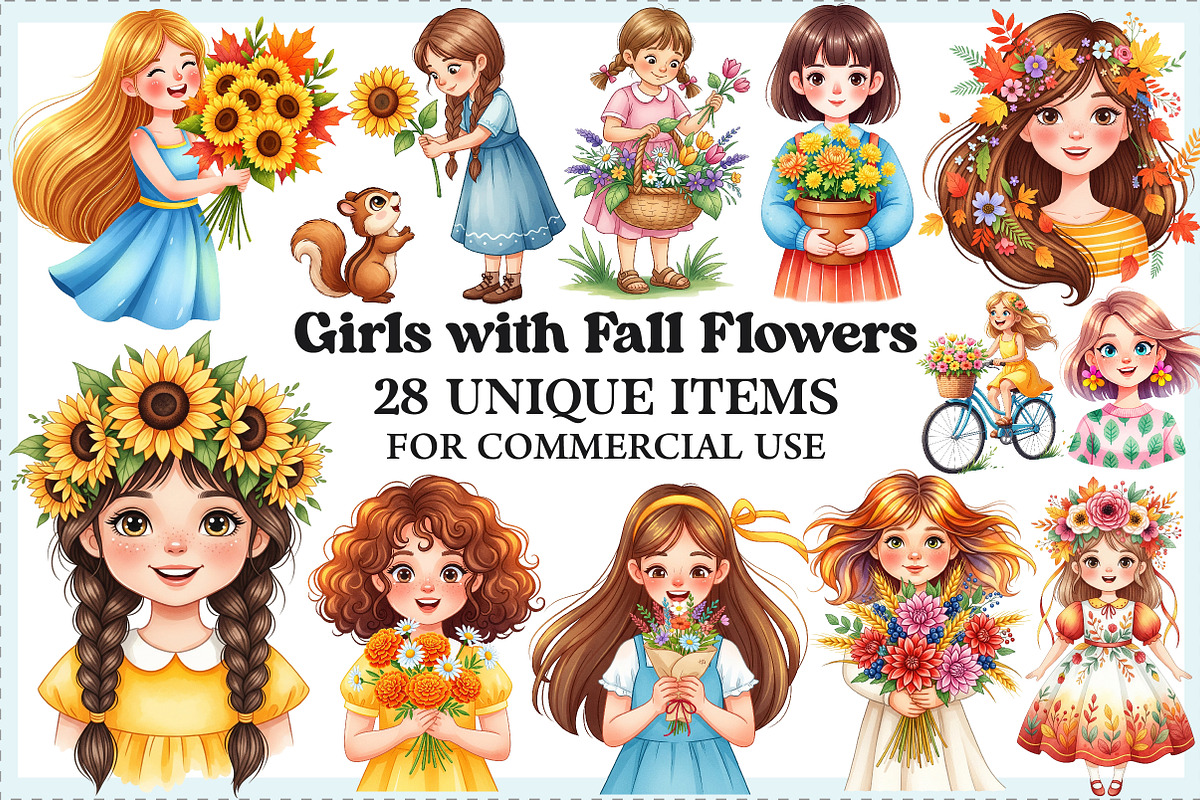 Girls with Fall Flowers Clipart, an Illustration by Craft Nest (Photo 1 of 6)