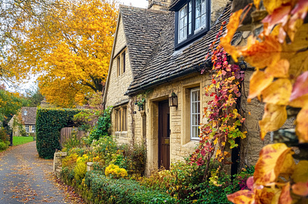 Autumn cottage in the English countryside style, old village arc, an Architecture Photo by Anneleven