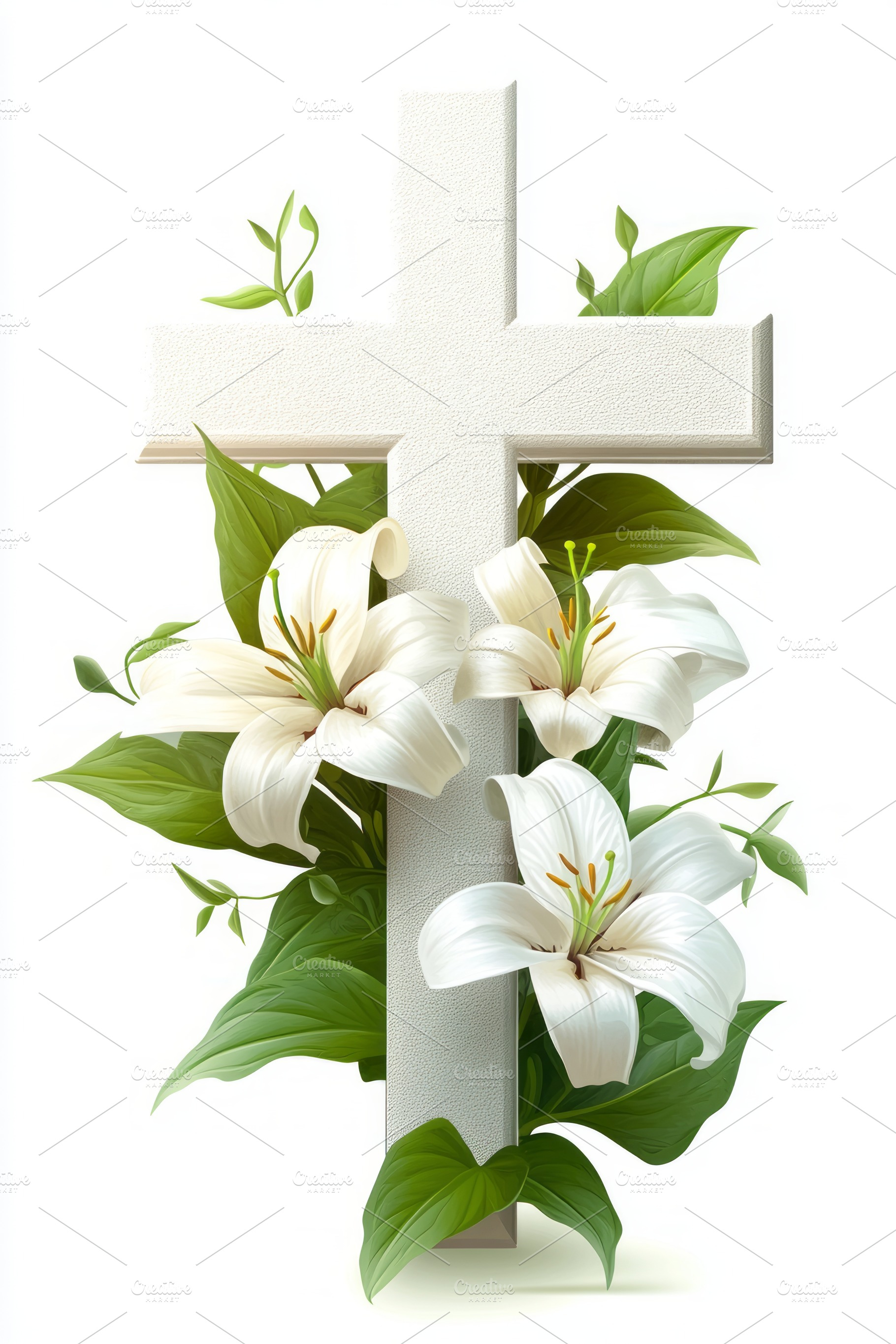 A serene white cross adorned with elegant white lilies and lush green leaves, s, a Background Photo by ImageMir