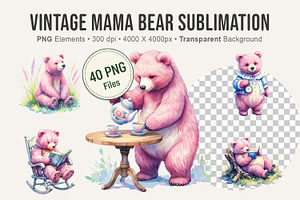 Vintage Mama Bear Sublimation PNG, an Illustration by Artnoy