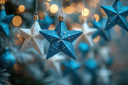 Colorful star ornaments hanging on a, a Photo by Tanuart