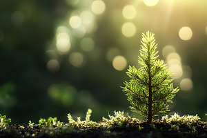 Young pine tree sapling planted in forest soil on sunset background, a Nature Photo by AlyaAnd