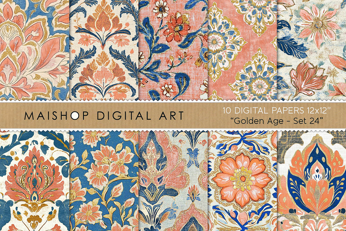 Blue Orange Floral Seamless Patterns, a Pattern Graphic by Maishop (Photo 1 of 4)